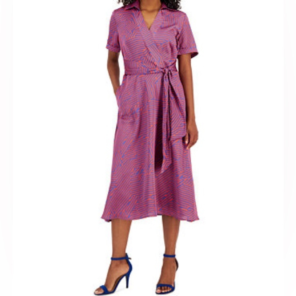 Tahari ASL | Notched Collar Midi Dress | Red/Blue | Size 4 | Pockets + Tie Waist
